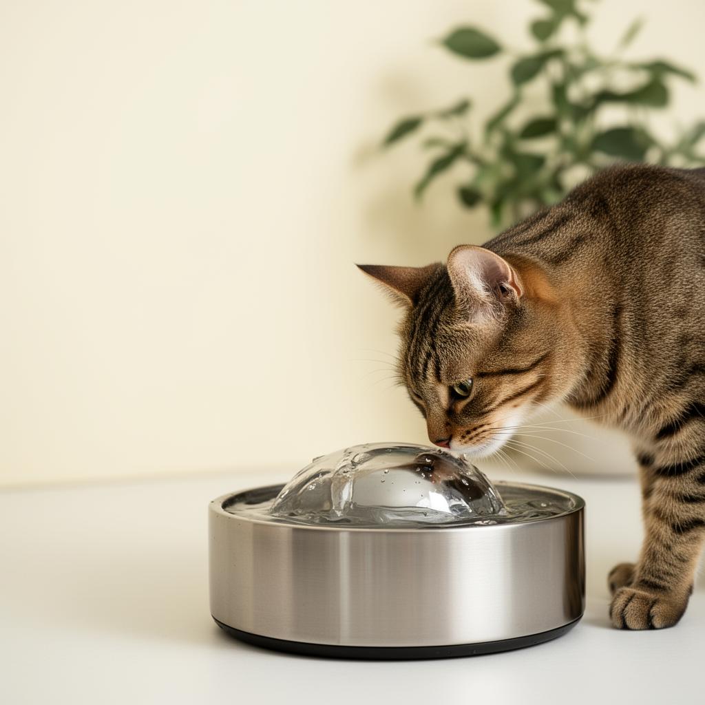 Tabby-Katze trinkt am TrinkWolf Aqua 2.0 Trinkbrunnen