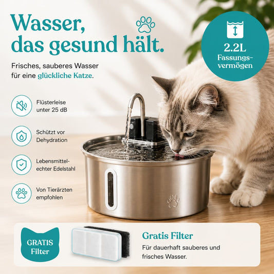 TrinkWolf Aqua 2.0 – Kabelloser Edelstahl-Trinkbrunnen für Katzen